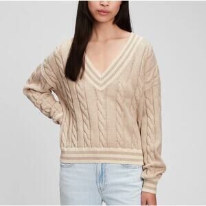 Gap Varsity V-Neck Cable Knit Sweater Preppy Coastal Academia Neutral Women M